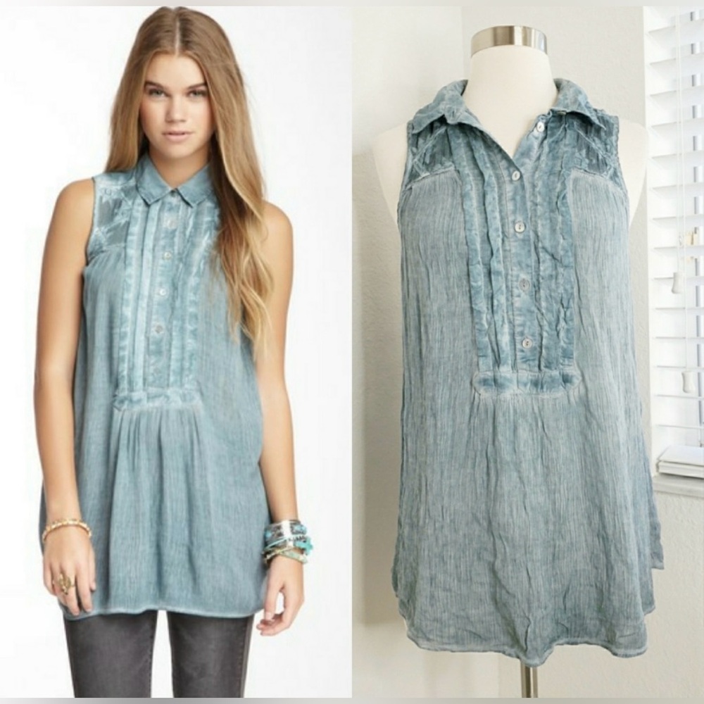 Free People Oversized Gauze Linen Flowy Collared Tank Top